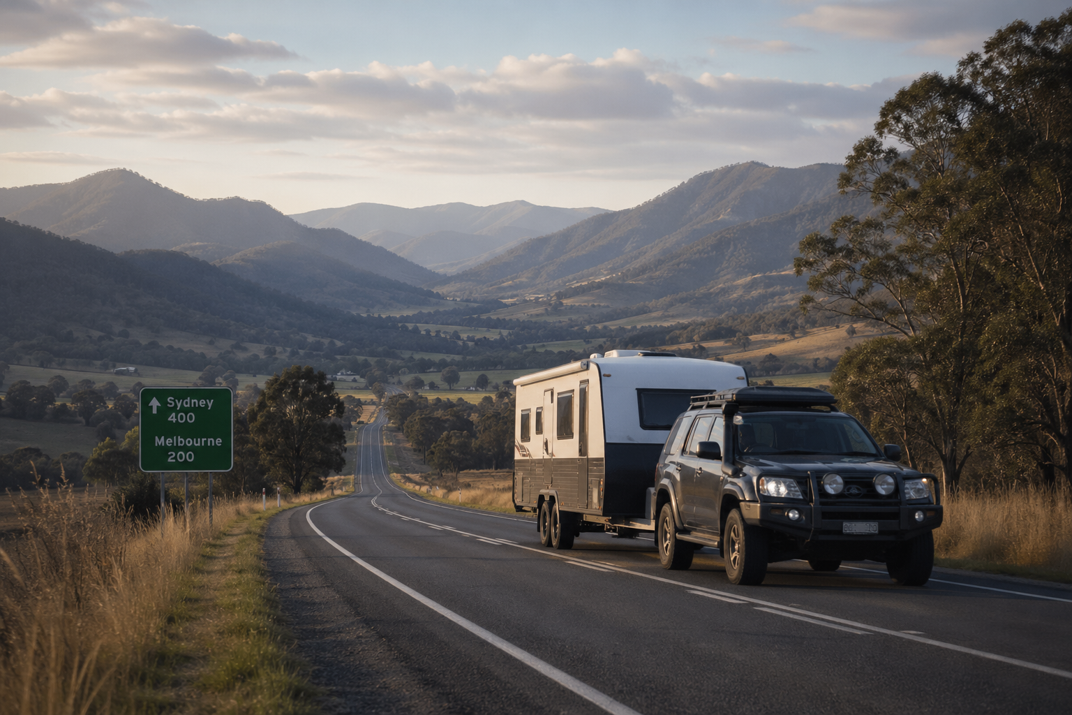 a 4x4 with a caravan on a rural highway heading north