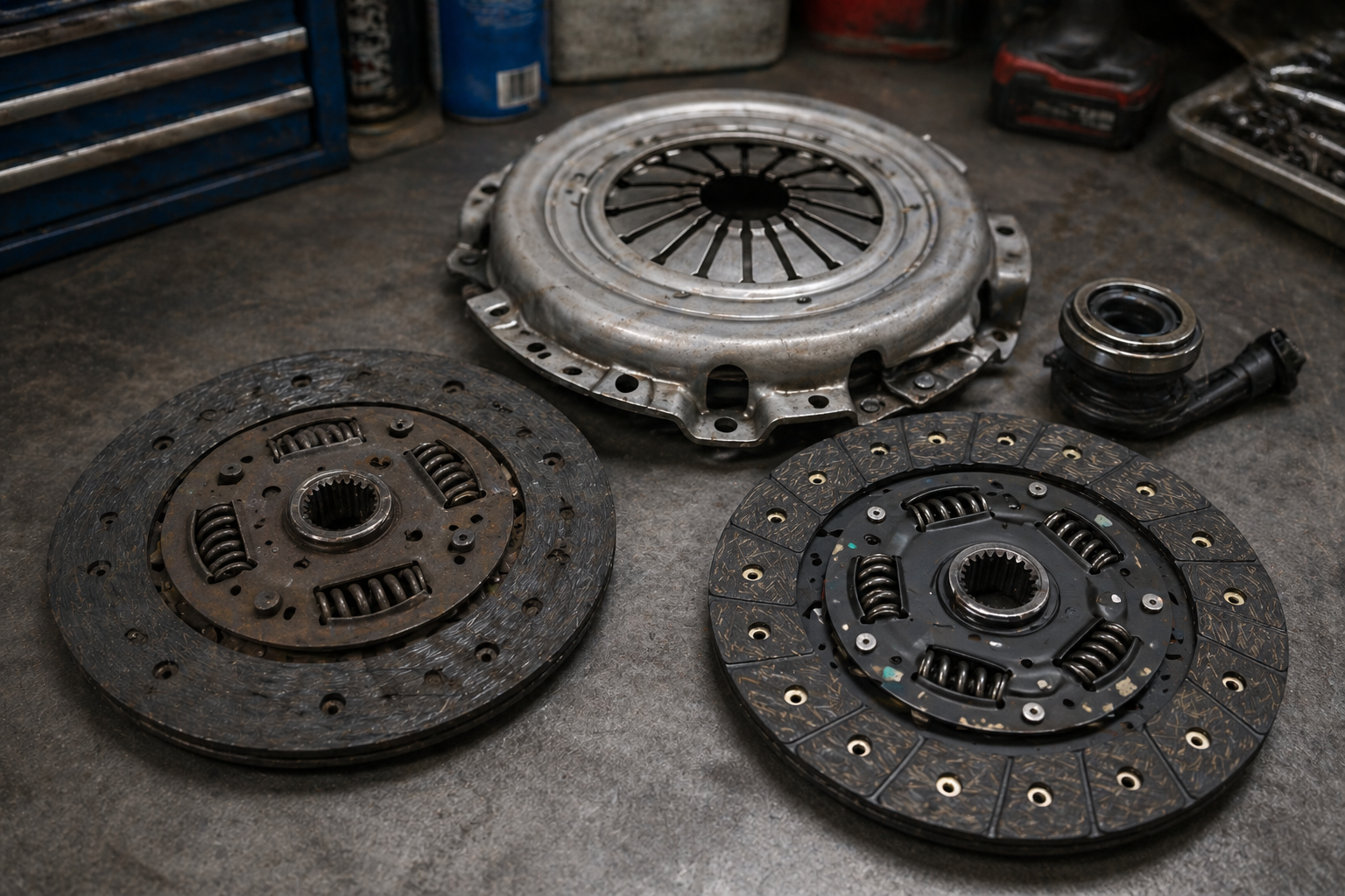 close-up of a worn clutch plate next to a new one, or a clutch kit laid out on a workshop bench.