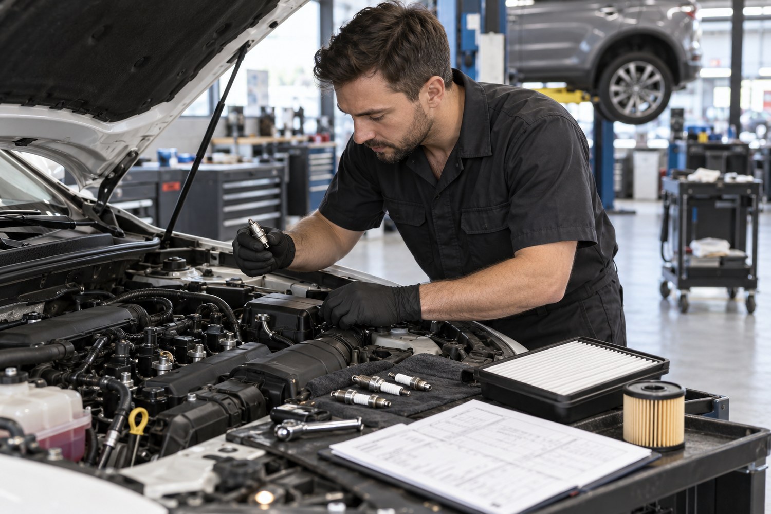 Mechanic inspecting spark plugs and filters during a major service