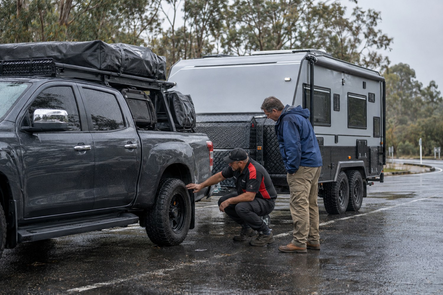 Tyre specialist inspecting a loaded ute towing a caravan