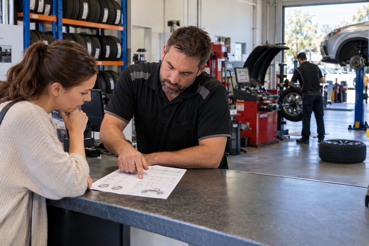 Tyre specialist explaining an itemised quote at a workshop counter