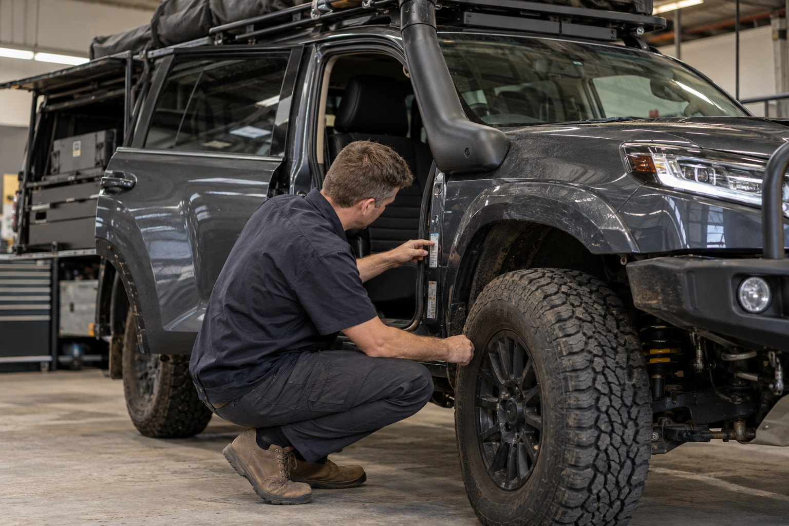 Technician examines a large all-terrain tyre on a touring four-wheel drive.