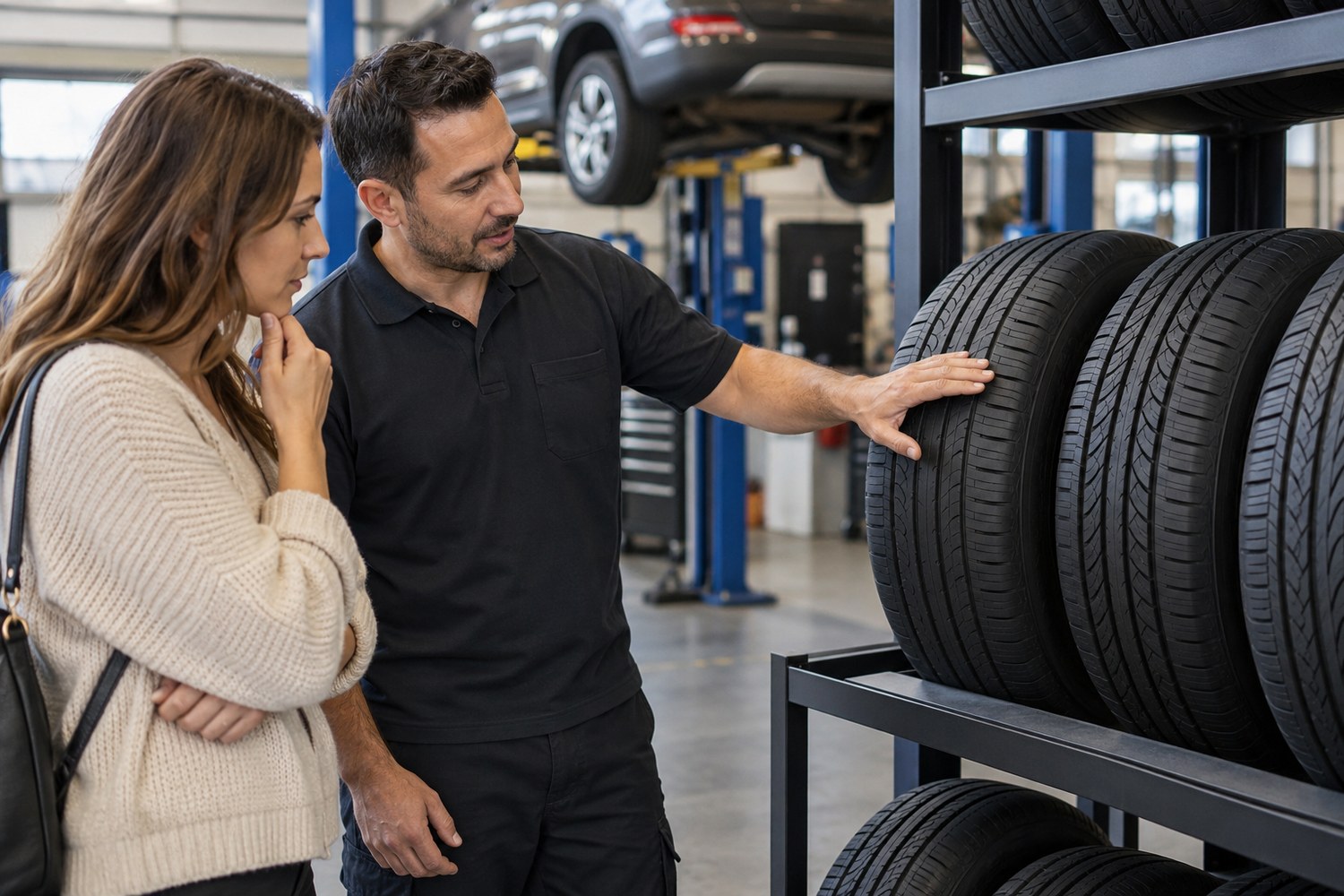 Tyre specialist discussing several passenger tyre options