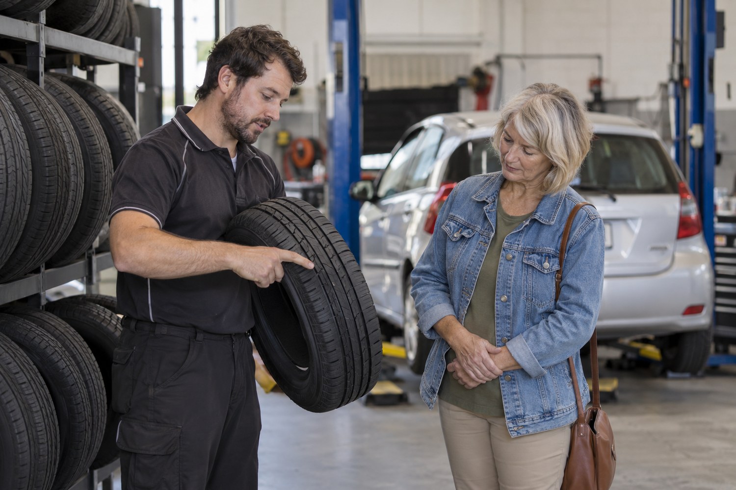 Tyre specialist advising the owner of an older low-kilometre car