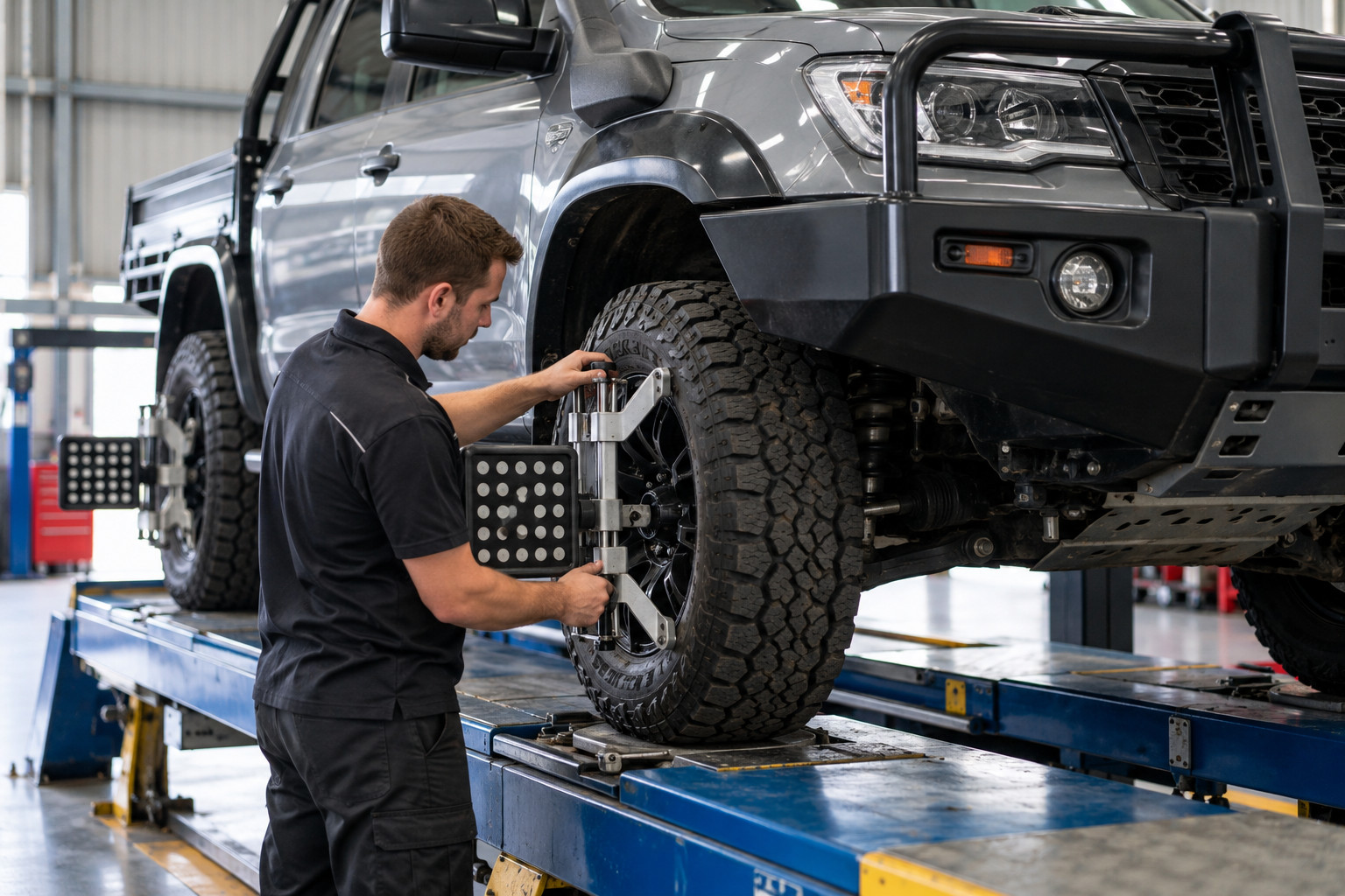 Technician sets alignment equipment on a lifted four-wheel drive.