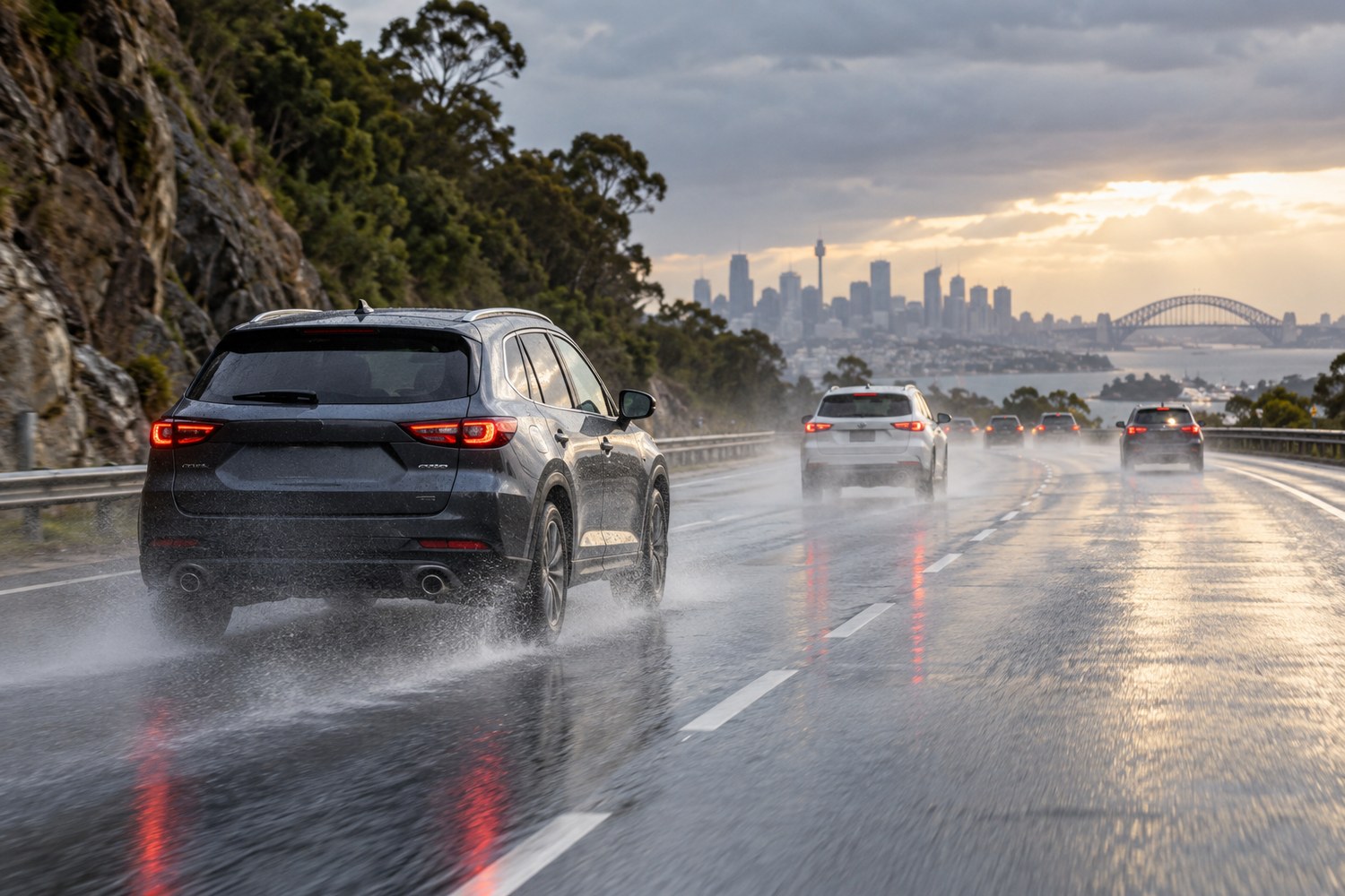 Passenger cars travelling on a wet Australian road with tyre spray
