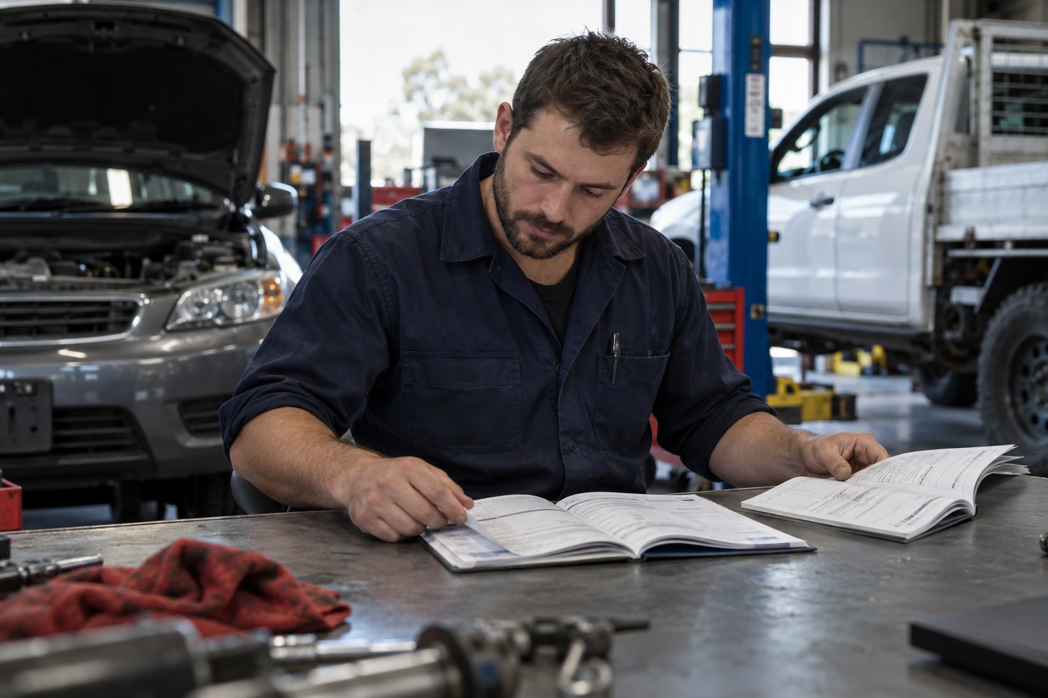 Mechanic reviewing service schedules for a car and work ute