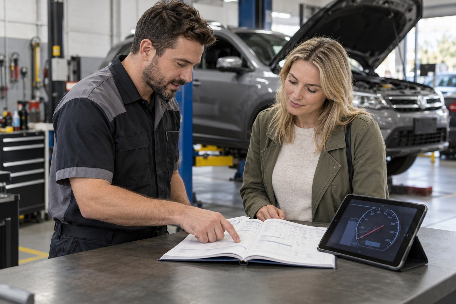 Mechanic and customer checking a vehicle's service history