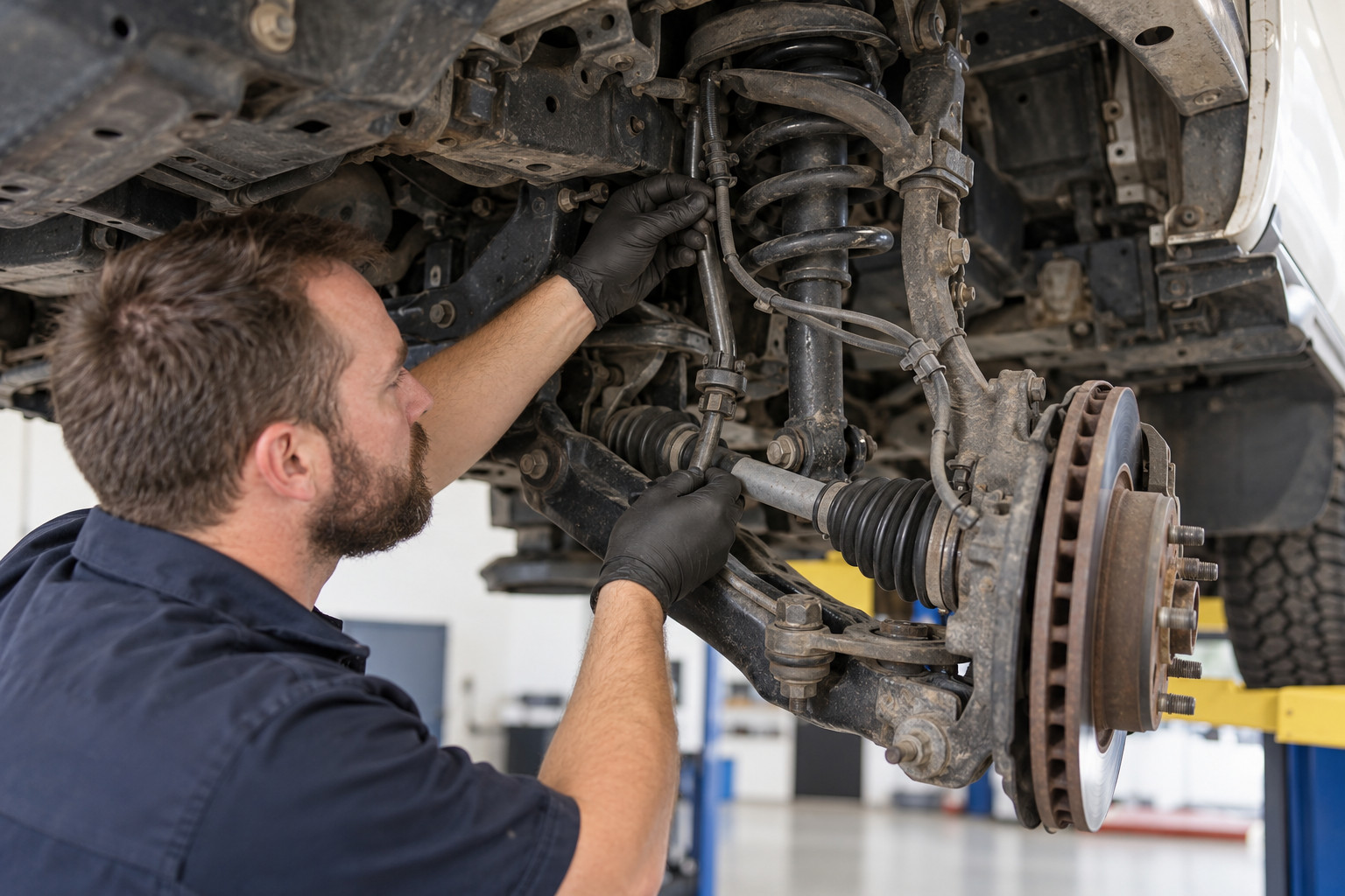 Mechanic inspects brake hose and front suspension components on a hoisted 4WD.