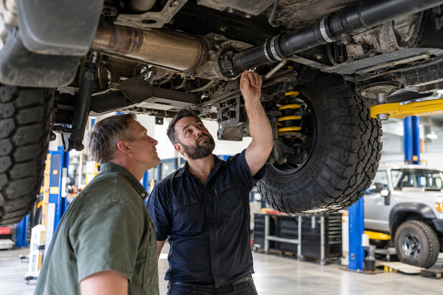 Owner and mechanic discuss the underbody of a lifted four-wheel drive on a hoist.