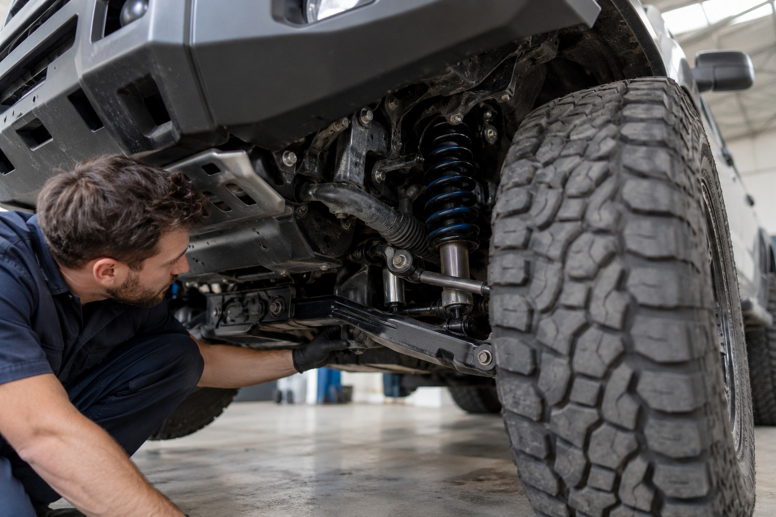 Mechanic checks a lifted four-wheel drive's front suspension and tyre.