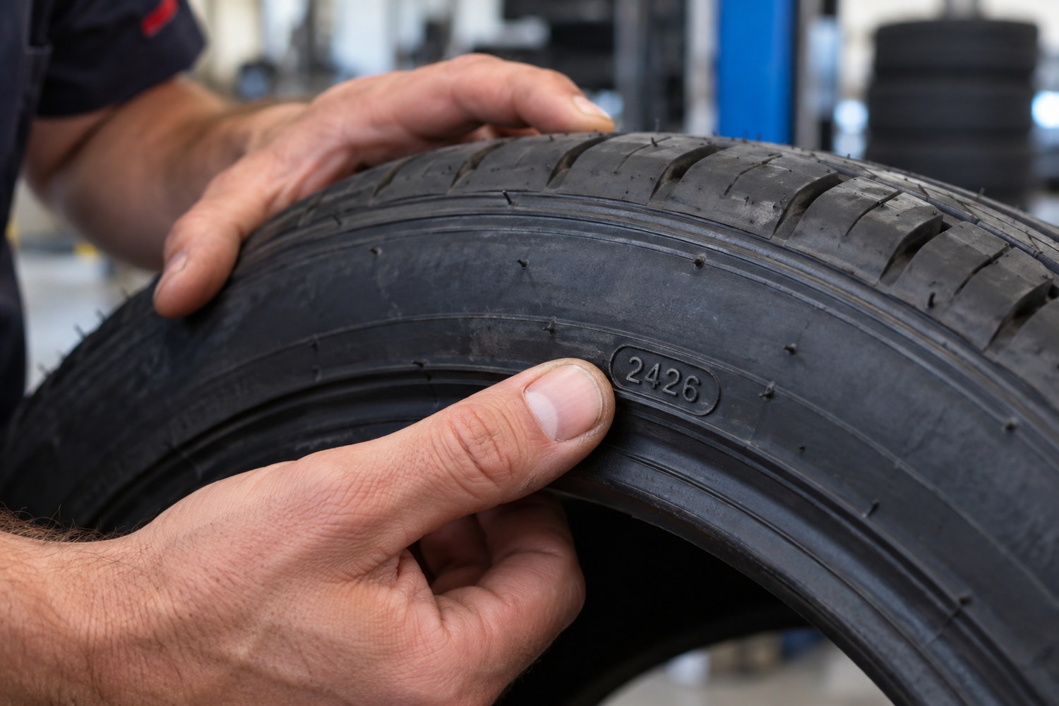 Technician pointing to a 2426 tyre manufacturing date code