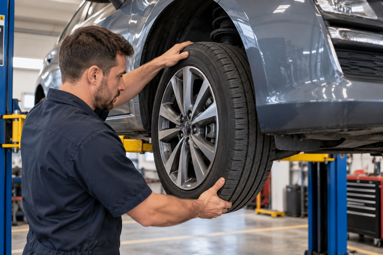 Mechanic checking a raised front wheel for looseness with hands at its top and bottom.