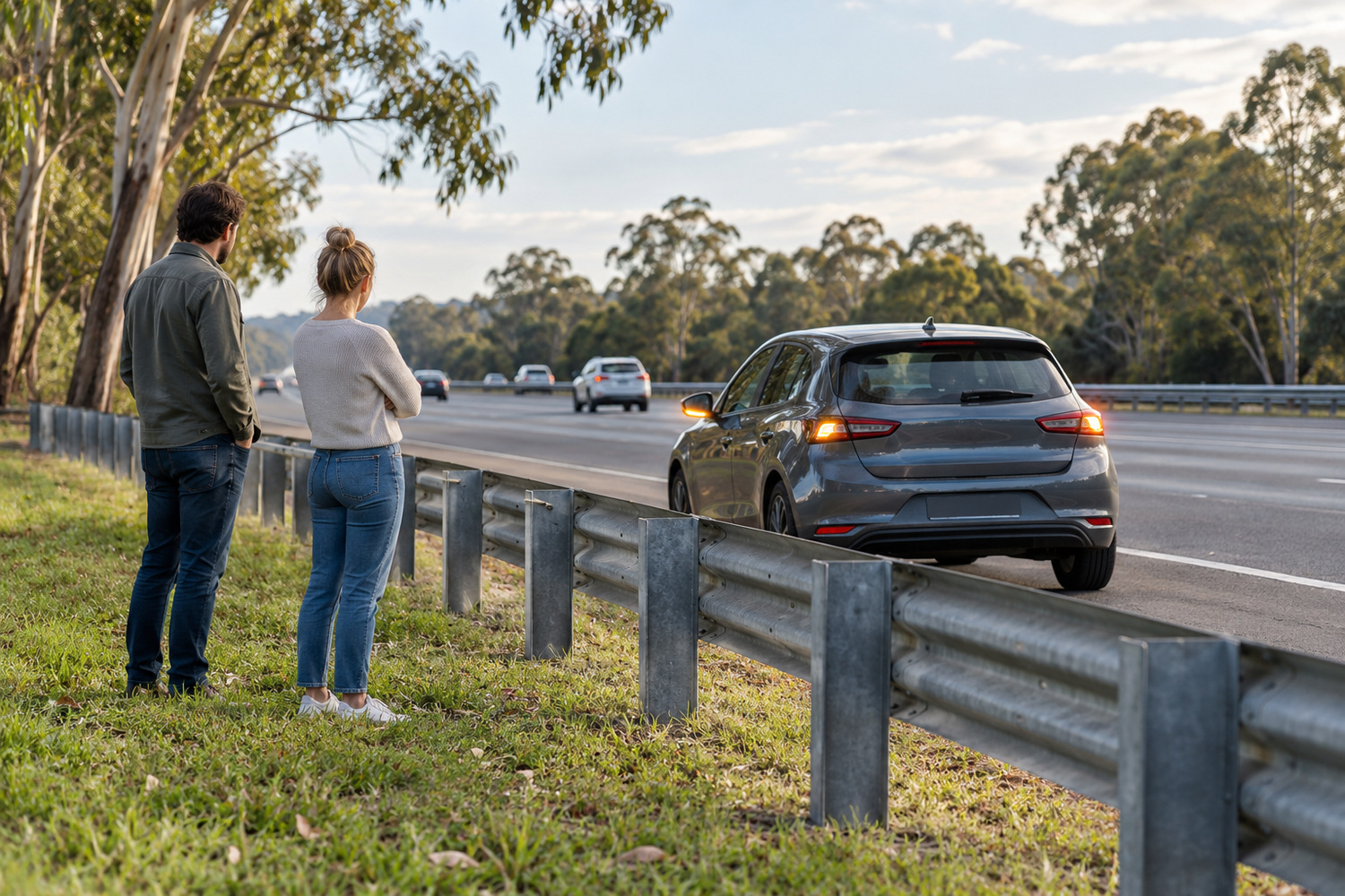 Two adults wait behind a safety barrier away from their hatchback on a motorway shoulder.