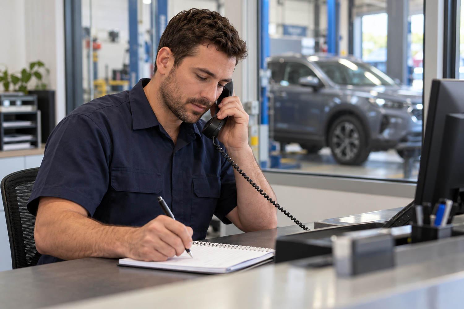Service adviser takes notes during a phone call at a workshop reception.