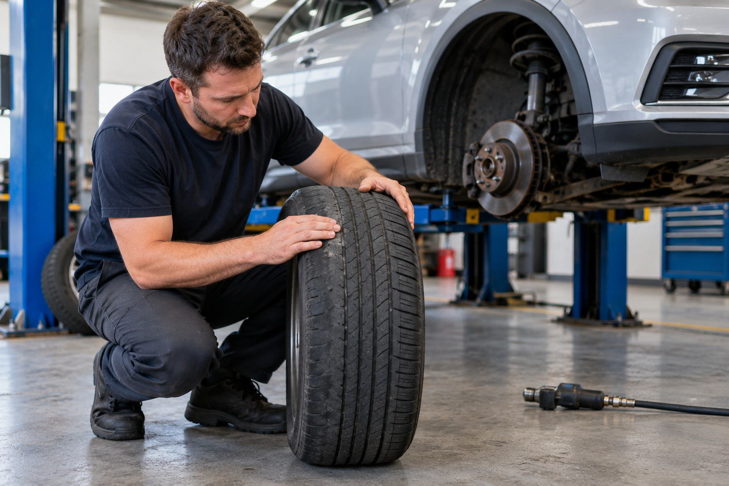 Technician examining uneven tread wear on a removed wheel beside a hoisted car.
