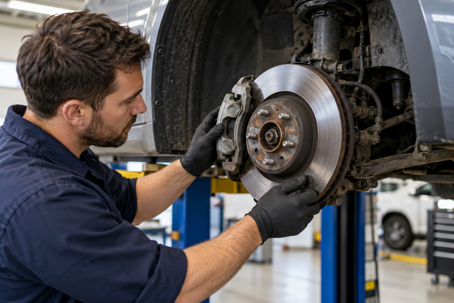 Mechanic examining the brake disc and caliper of a modern car with its wheel removed.