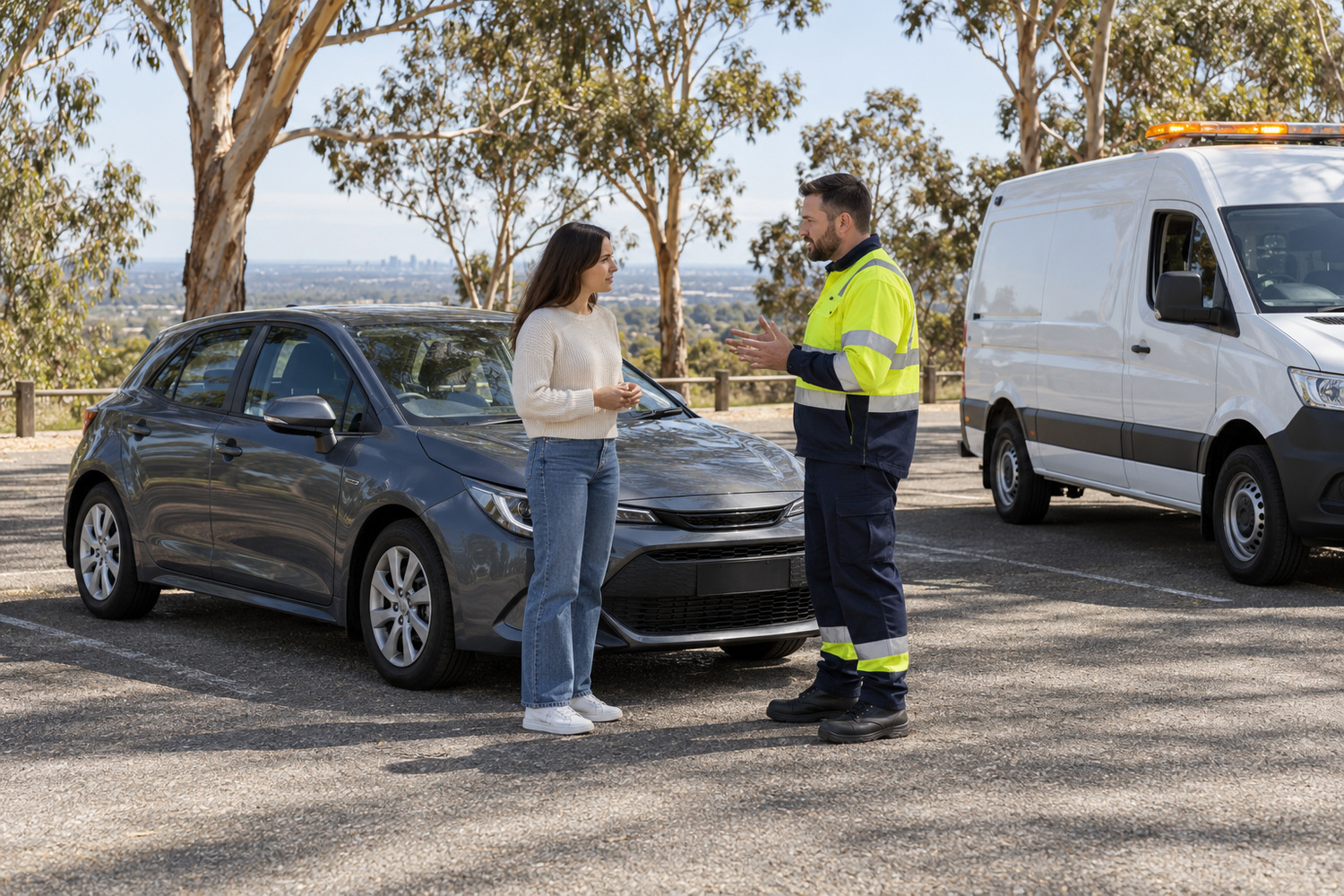 Roadside assistance technician discusses a breakdown with a driver beside a hatchback and assistance van.
