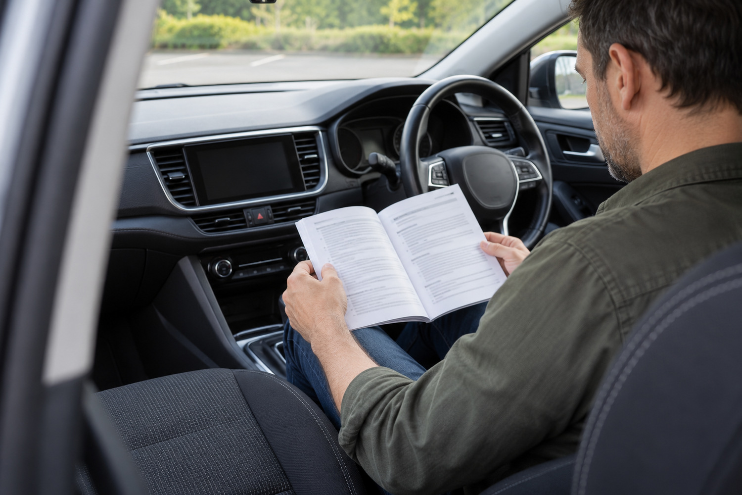 Driver reads the handbook while seated in a parked right-hand-drive car.