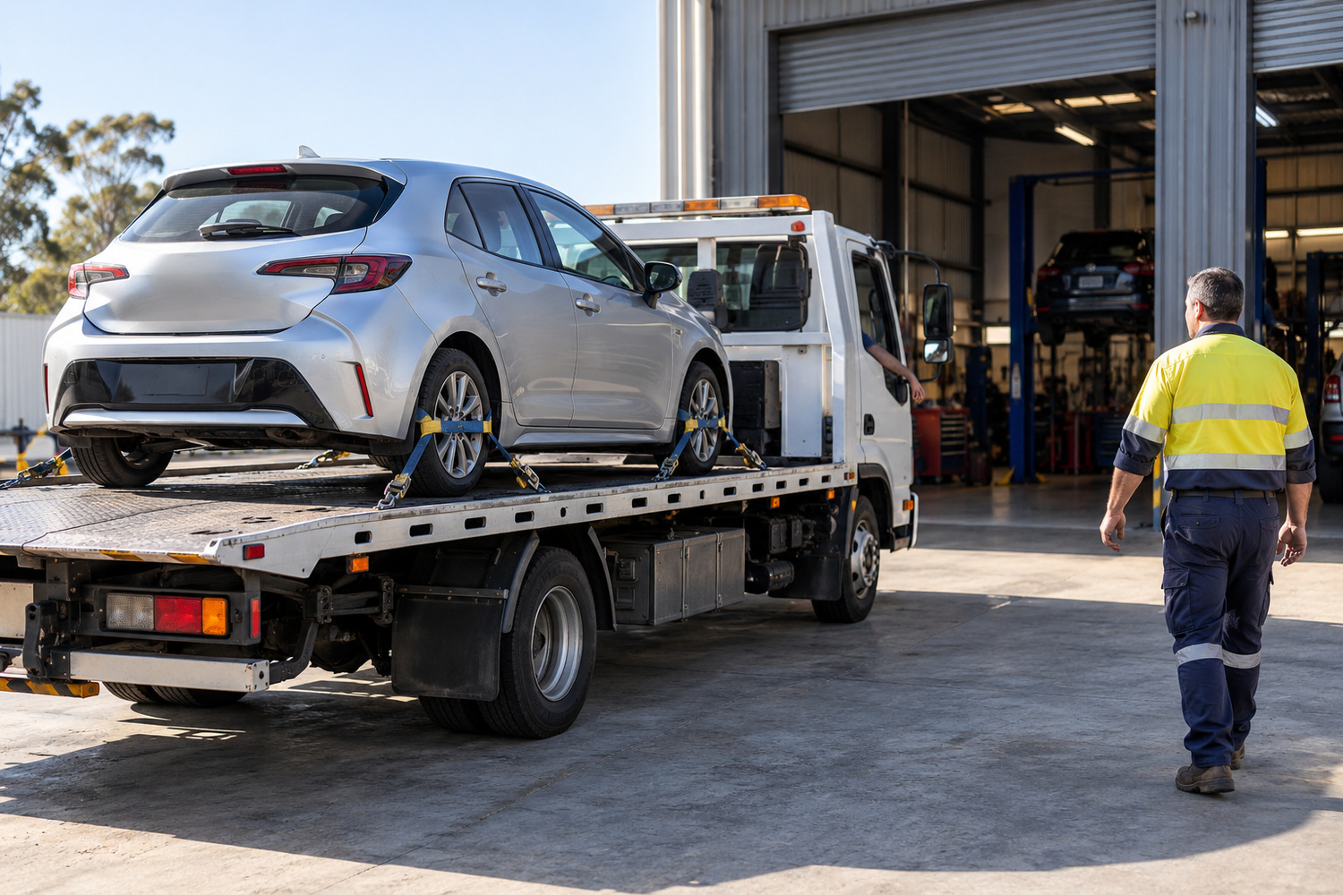 A secured hatchback arrives on a flatbed recovery truck at a mechanical workshop.