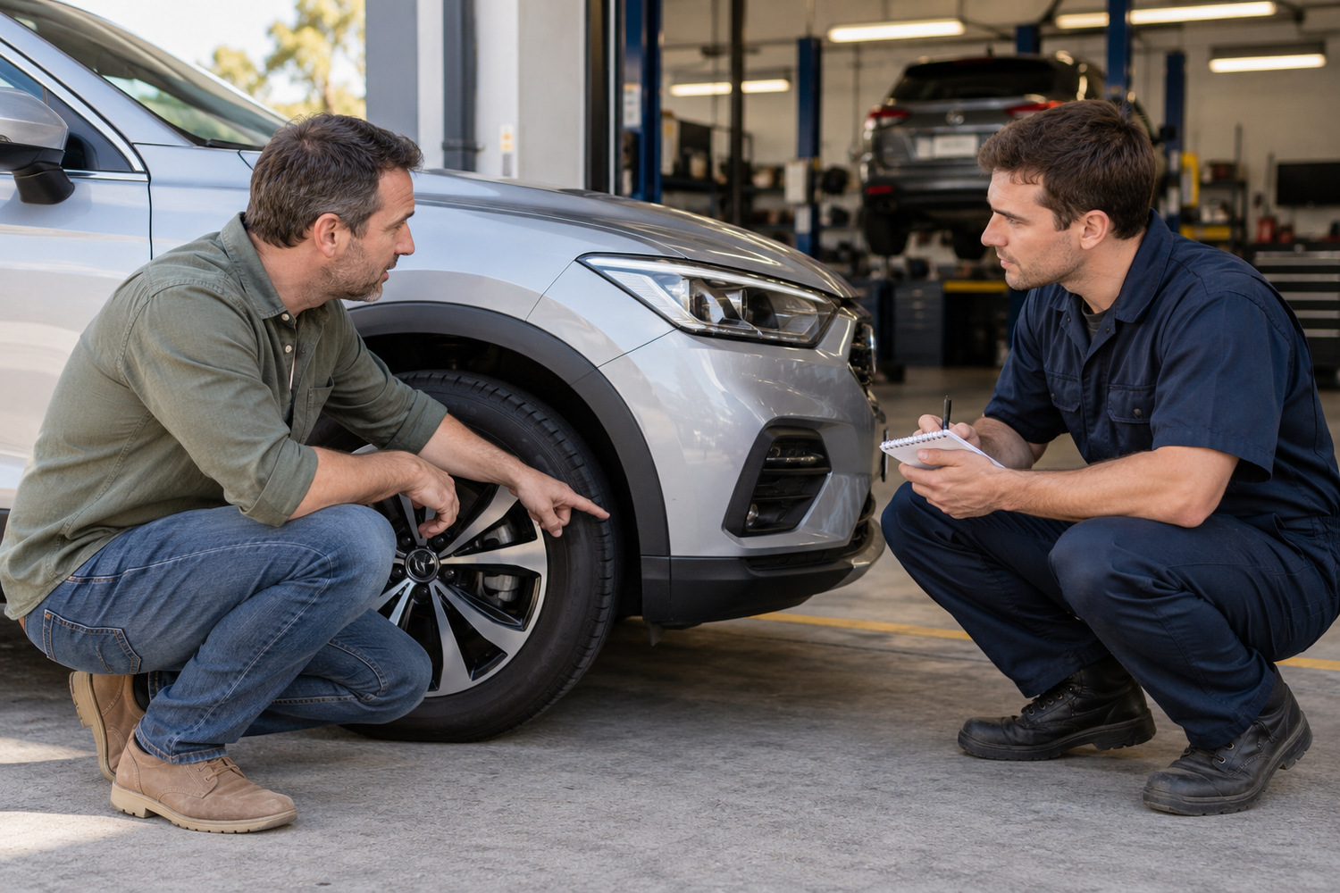 Driver describing a wheel noise while a mechanic takes notes beside a parked car.